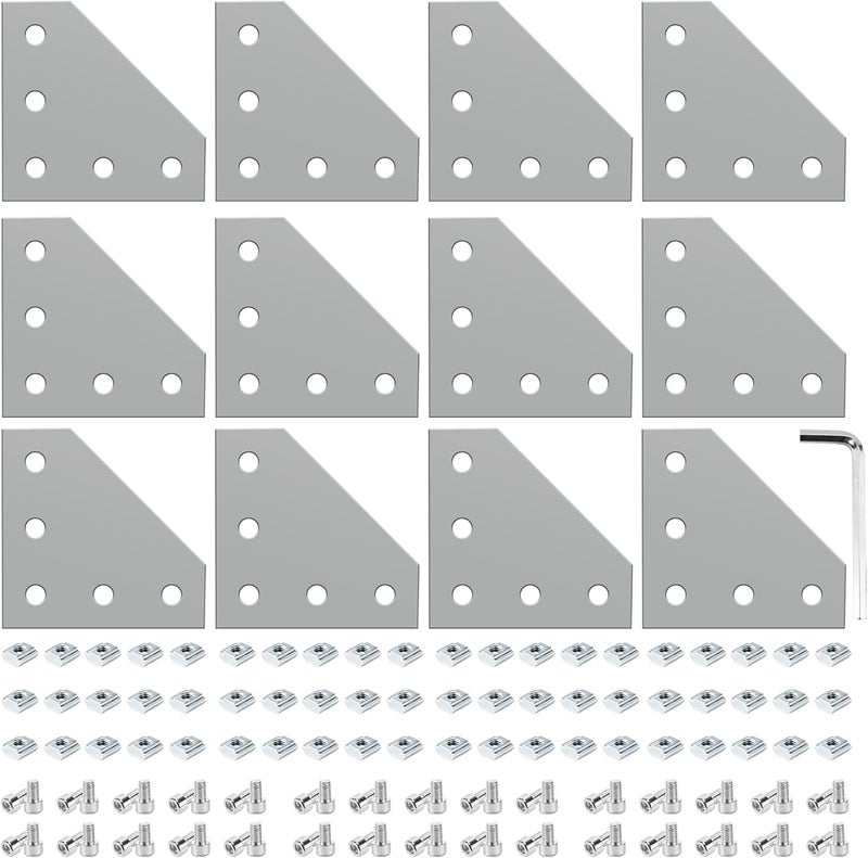 PETOX 12 Set 2020 Corner Bracket Joint Plate L Shape 5 Hole Aluminum Extrusion Connector with 60Pcs T-Nuts, 60Pcs Screws and 1Pcs Wrench for 20 x 20mm Series Aluminum Extrusion Profile, Silver - Image 1